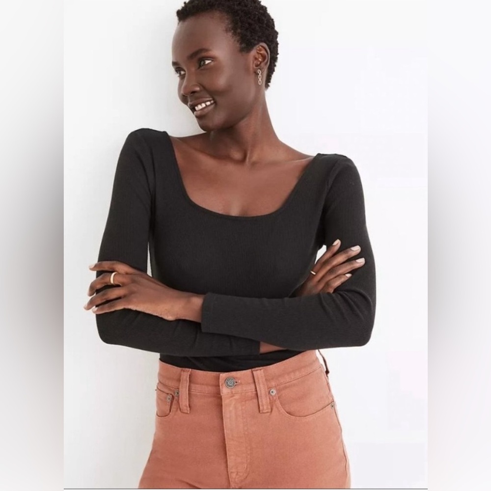 MADEWELL Square-Neck Thong Bodysuit in Black Size S